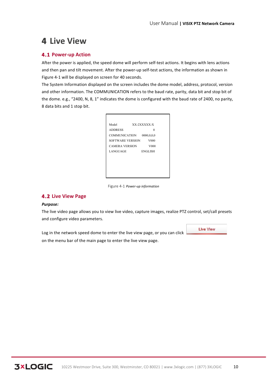 4 live view, User manual, 1 power-­‐up action | 2 live view page | 3xLOGIC VISIX Camera User Manual | Page 18 / 90