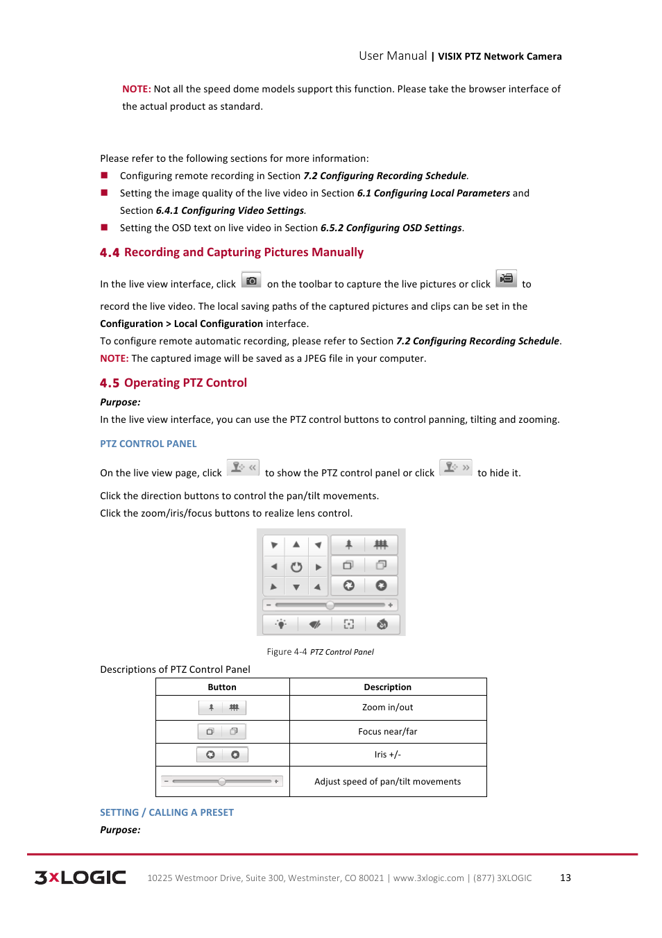 User manual, 4 recording and capturing pictures manually, 5 operating ptz control | 3xLOGIC VISIX Camera User Manual | Page 21 / 90