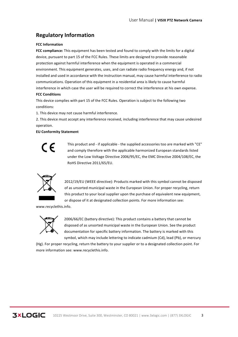 Regulatory information | 3xLOGIC VISIX Camera User Manual | Page 3 / 90