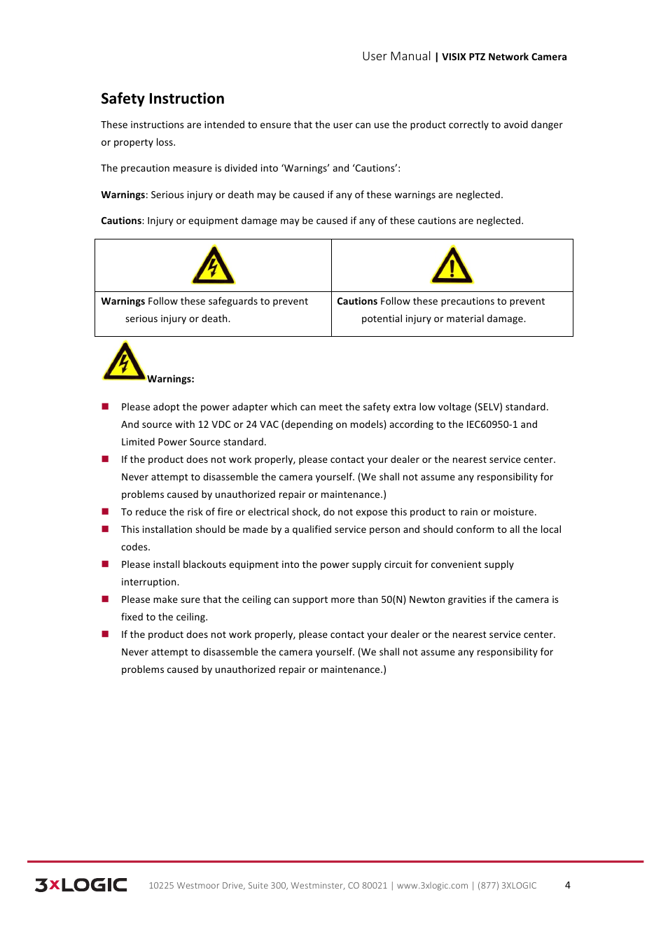 Safety instruction, User manual | 3xLOGIC VISIX Camera User Manual | Page 4 / 90