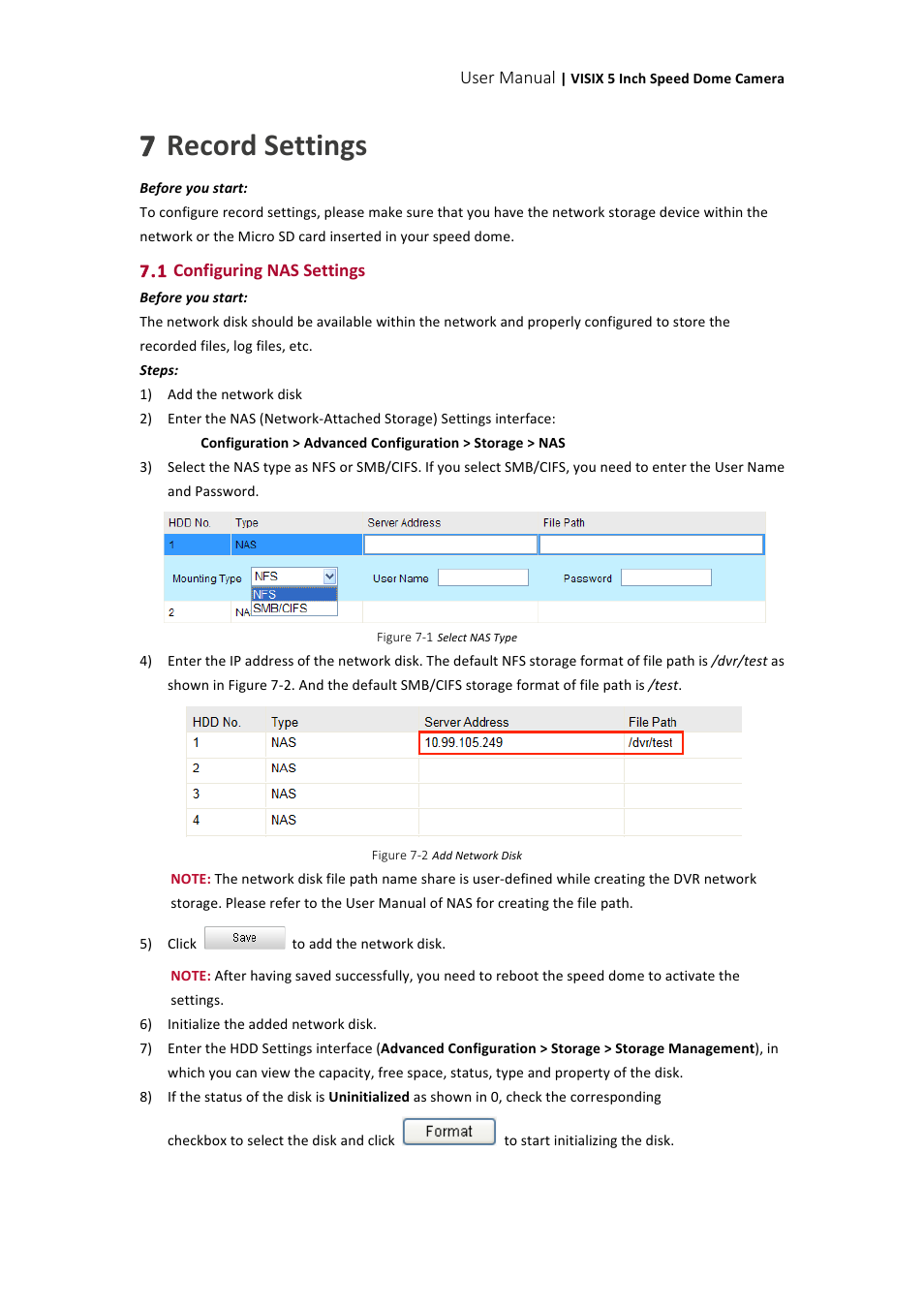 7 record settings, User manual, 1 configuring nas settings | 3xLOGIC VISIX Camera User Manual | Page 71 / 90