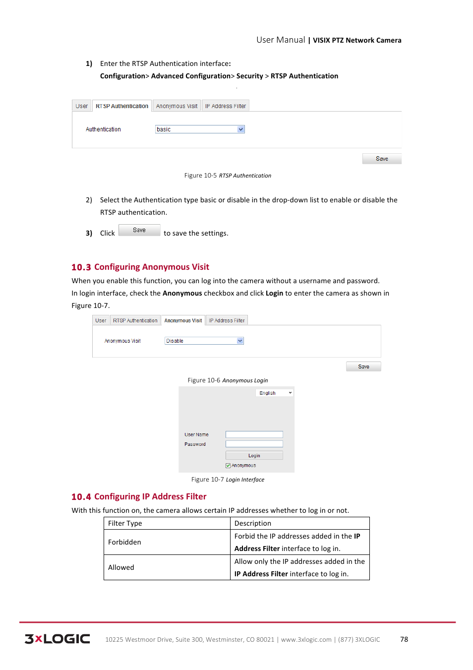 User manual, 3 configuring anonymous visit, 4 configuring ip address filter | 3xLOGIC VISIX Camera User Manual | Page 86 / 90