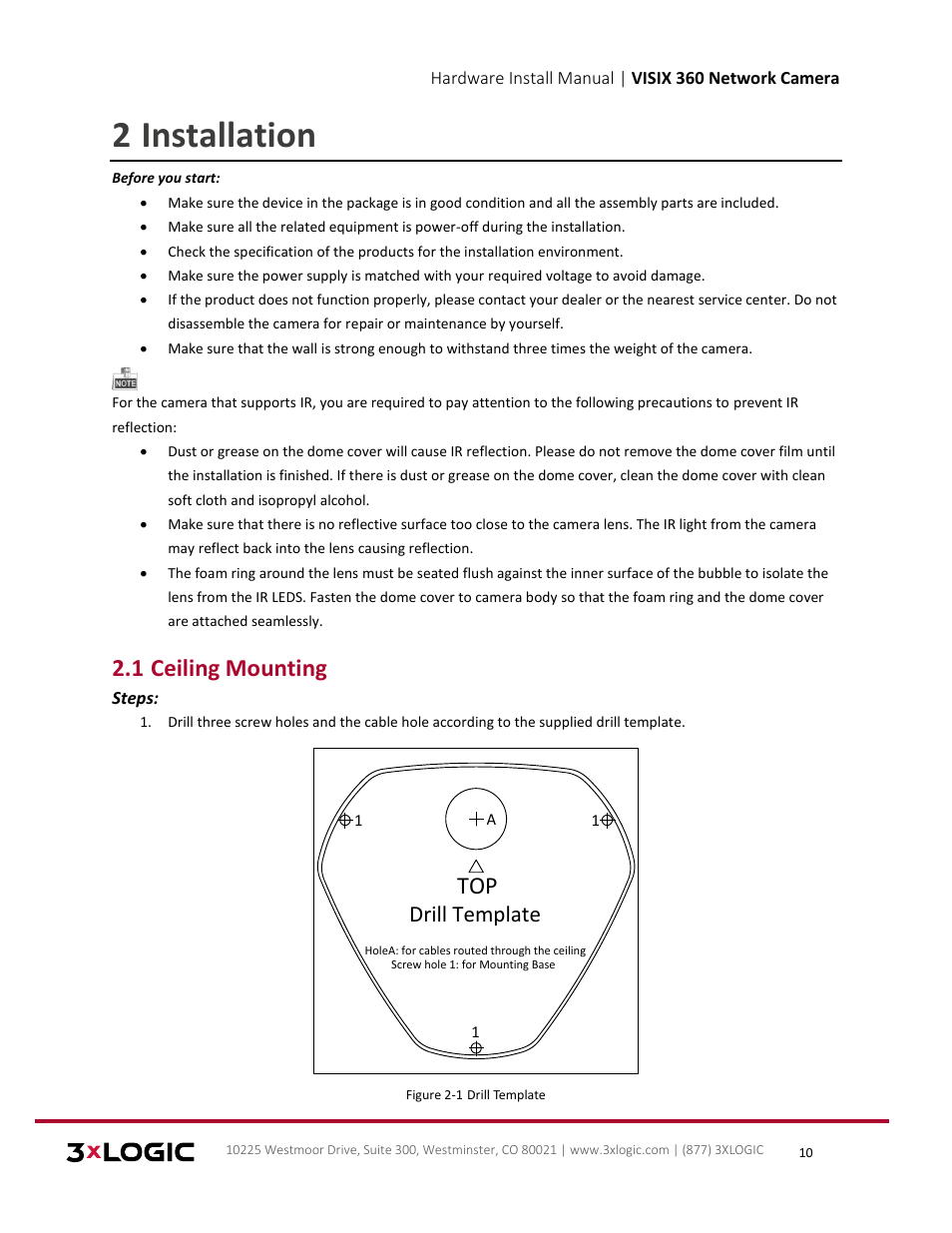 Eiling, Ounting, 2 installation | 1 ceiling mounting, Drill template | 3xLOGIC VISIX Camera User Manual | Page 10 / 16