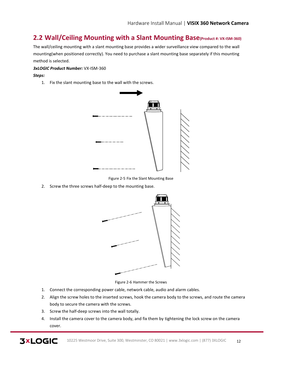 Ounting with a, Lant, Ounting | 2 wall/ceiling mounting with a slant mounting base | 3xLOGIC VISIX Camera User Manual | Page 12 / 16