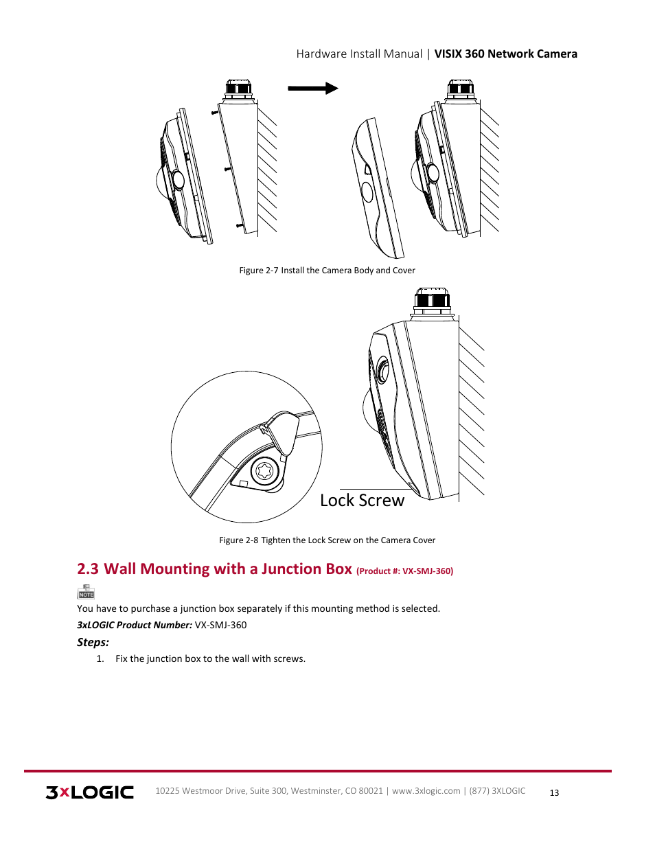 Ounting with a, Unction, Lock screw | 3 wall mounting with a junction box | 3xLOGIC VISIX Camera User Manual | Page 13 / 16