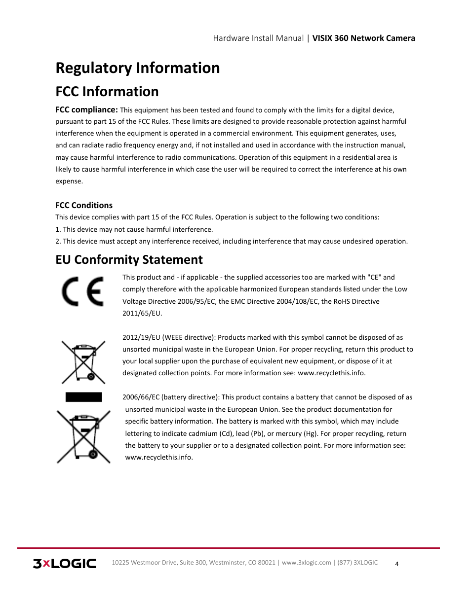 Regulatory information, Fcc information, Eu conformity statement | 3xLOGIC VISIX Camera User Manual | Page 4 / 16