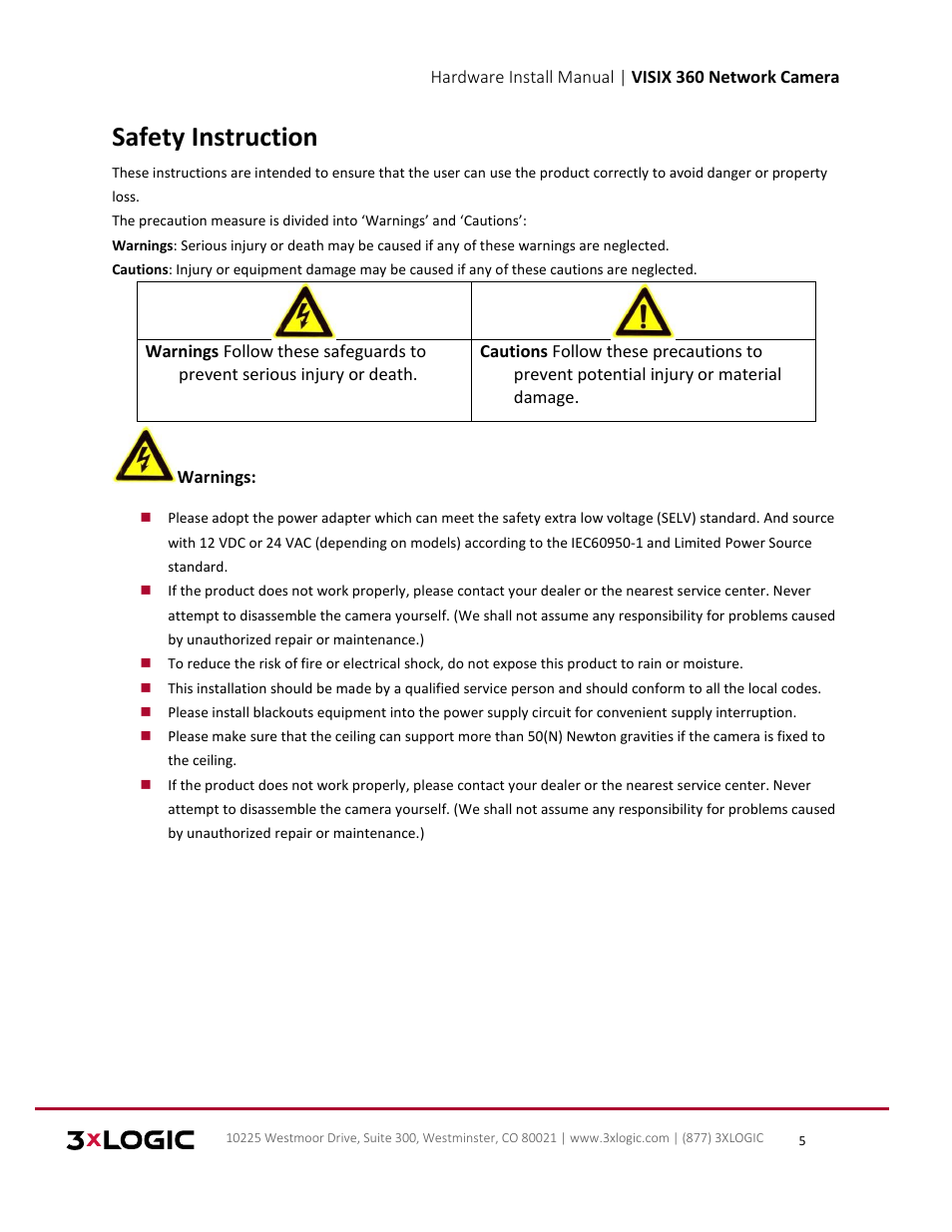 Safety instruction | 3xLOGIC VISIX Camera User Manual | Page 5 / 16