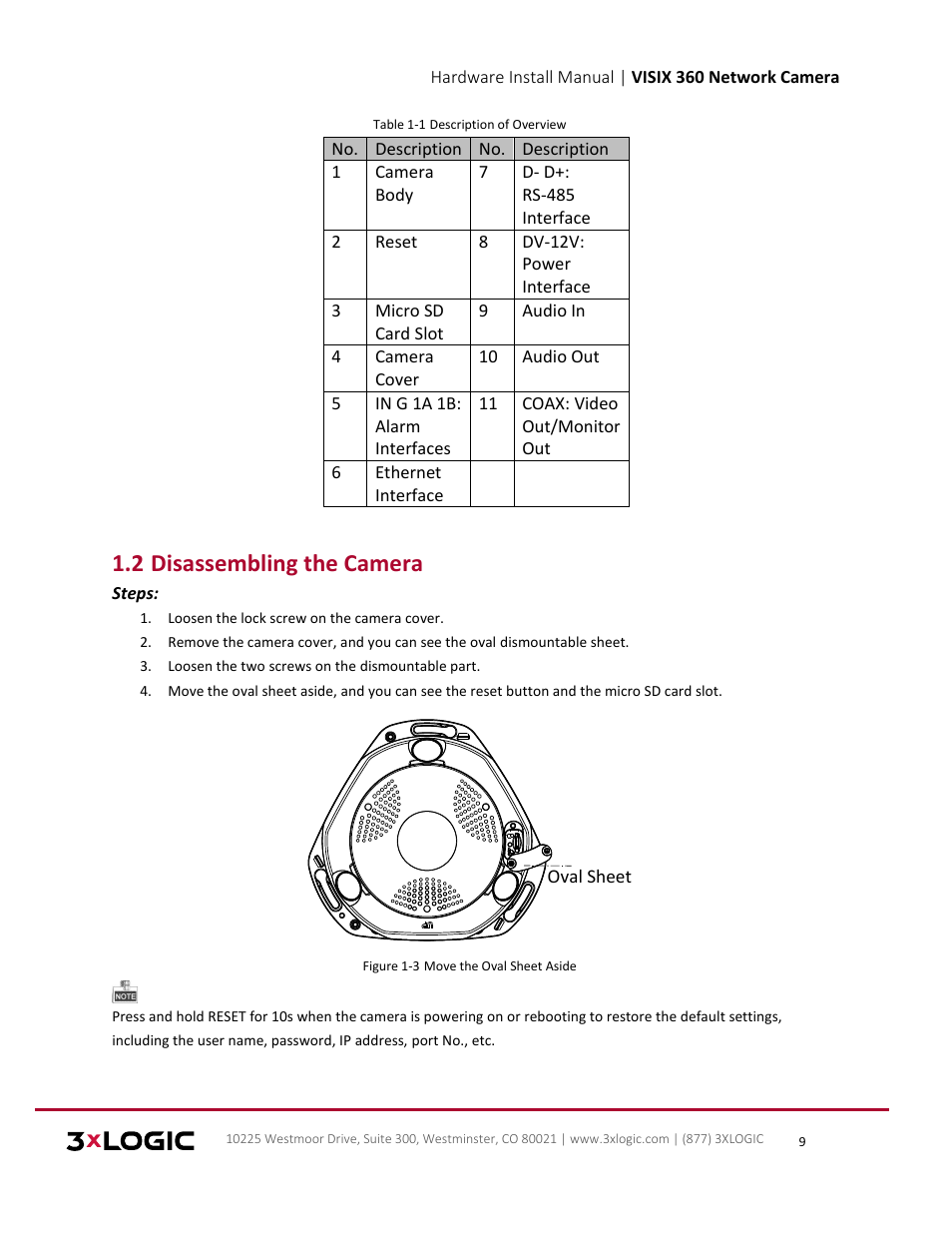 Isassembling the, Amera, Installation | 2 disassembling the camera | 3xLOGIC VISIX Camera User Manual | Page 9 / 16