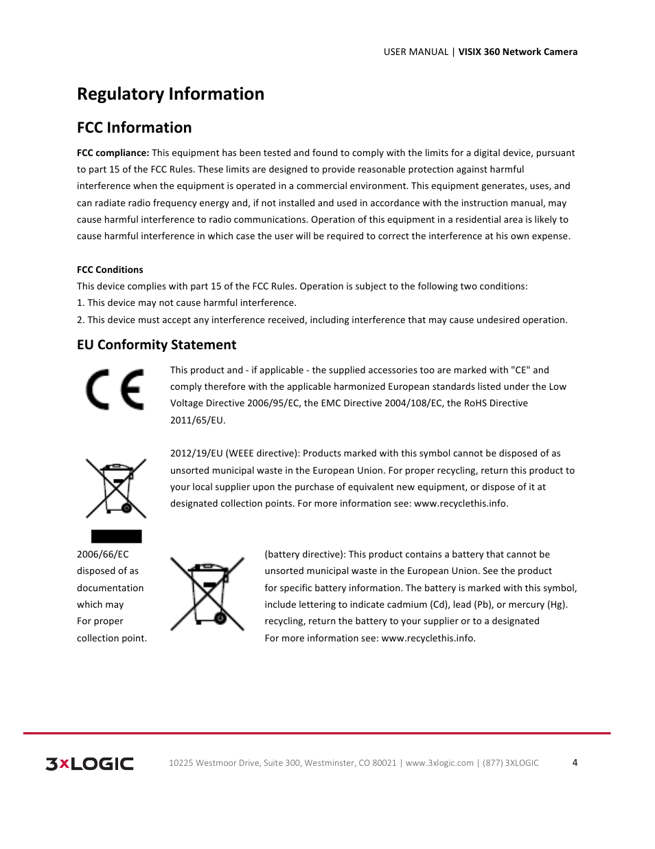 Regulatory information, Fcc information, Eu conformity statement | 3xLOGIC VISIX Camera User Manual | Page 4 / 75