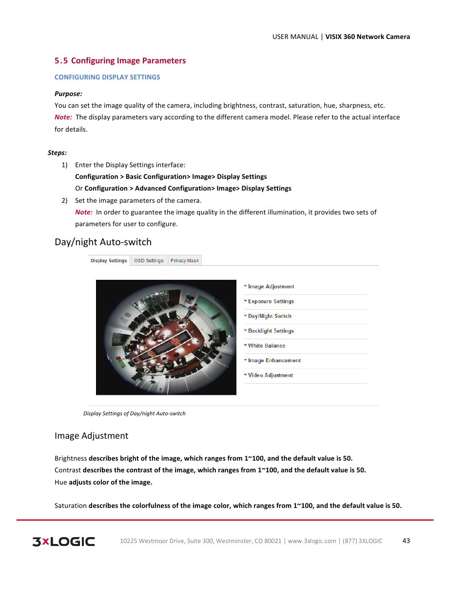 Day/night auto-­‐switch, Image adjustment | 3xLOGIC VISIX Camera User Manual | Page 43 / 75