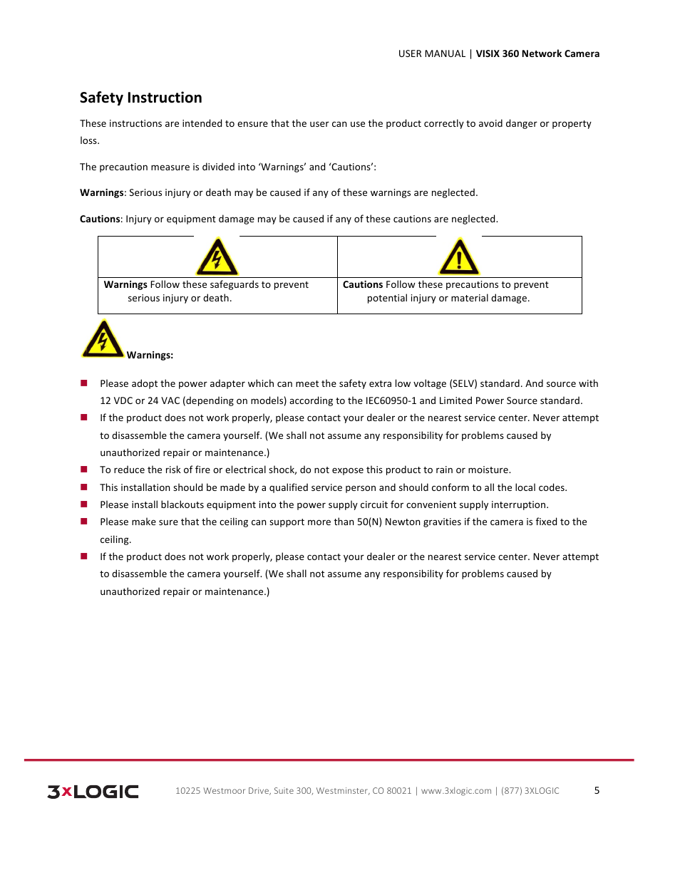 Safety instruction | 3xLOGIC VISIX Camera User Manual | Page 5 / 75