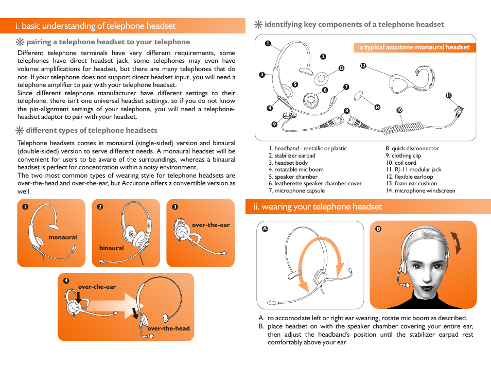 I. basic understanding of telephone headset, Ii. wearing your telephone headset | Accutone General Telephone Headset User Manual | Page 2 / 4
