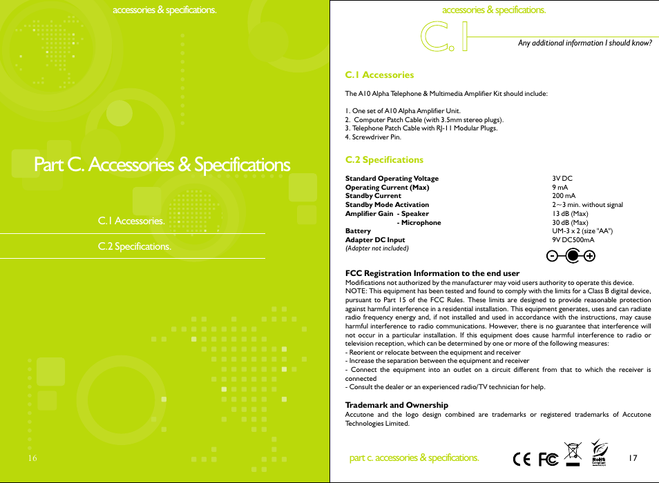 Part c. accessories & specifications | Accutone A10 User Manual | Page 10 / 10