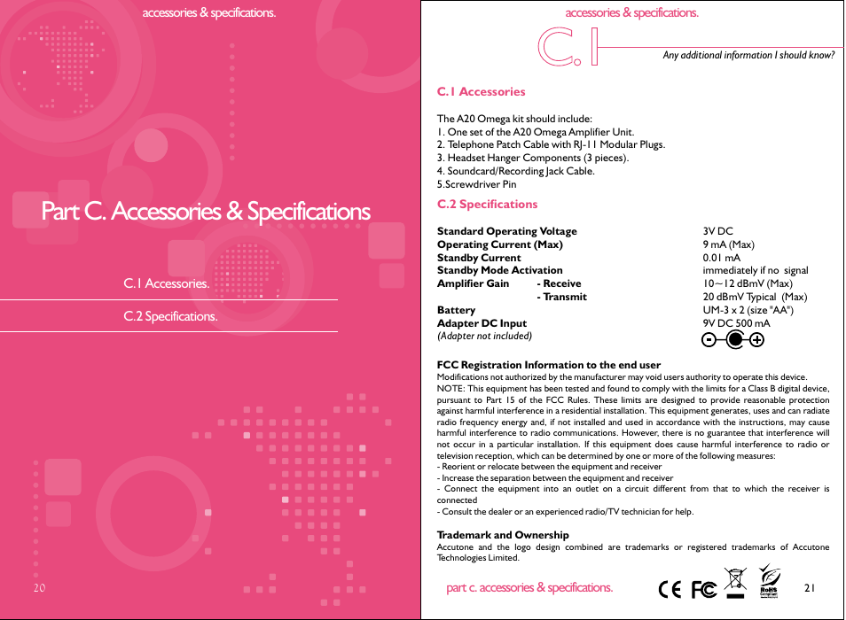 Part c. accessories & specifications | Accutone A20 User Manual | Page 12 / 12