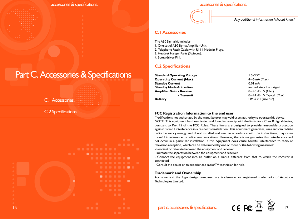 Part c. accessories & specifications | Accutone A30 User Manual | Page 10 / 10