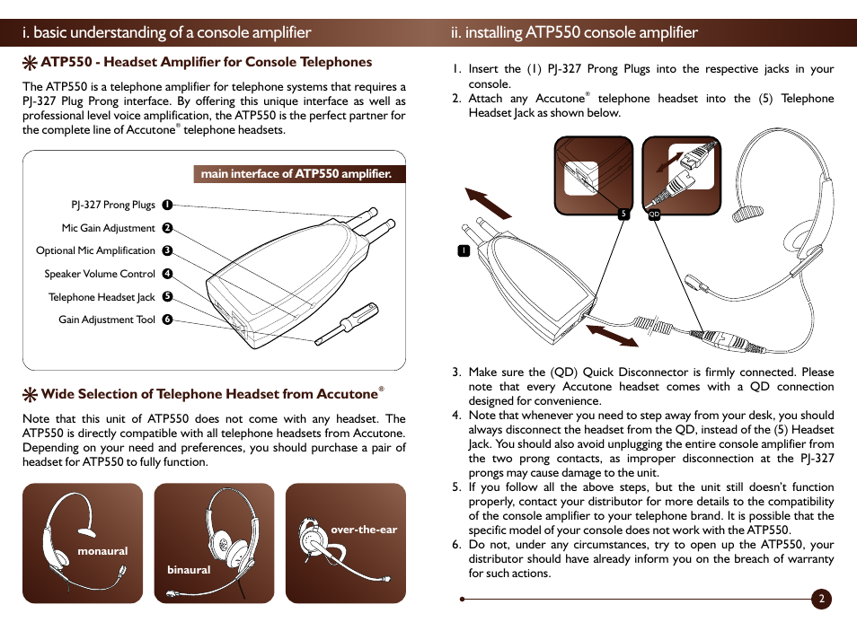 I. basic understanding of a console amplifier, Ii. installing atp550 console amplifier | Accutone Two-prong Amplifier User Manual | Page 2 / 4