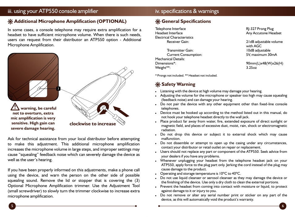 Iii. using your atp550 console amplifier, Iv. specifications & warnings | Accutone Two-prong Amplifier User Manual | Page 4 / 4