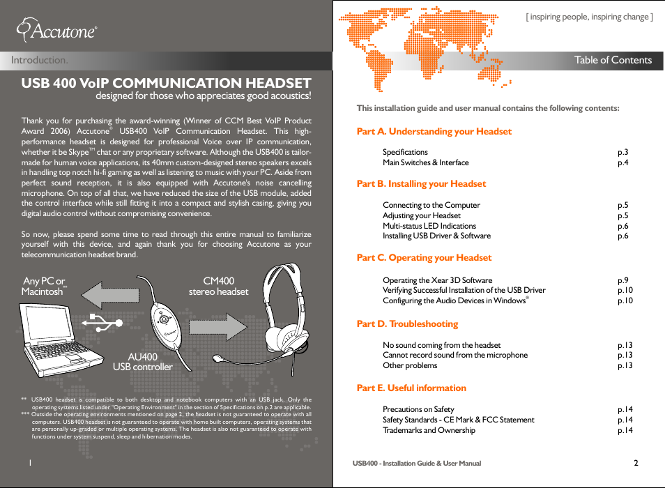 Usb 400 voip communication headset | Accutone USB400 User Manual | Page 2 / 12