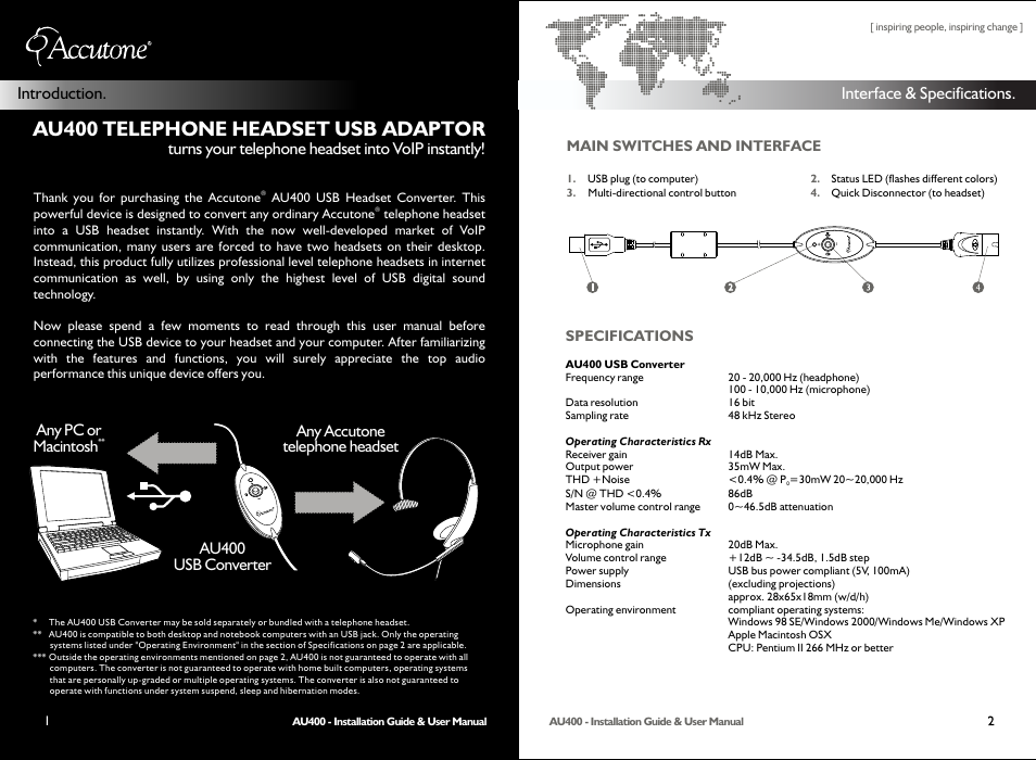 Au400 telephone headset usb adaptor, Au400 usb converter, Any accutone telephone headset any pc or | Macintosh | Accutone AU400 User Manual | Page 2 / 6
