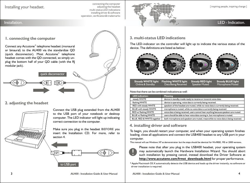 Installing your headset, Installation, Led - indication | Multi-status led indications, Installing driver and software, Connecting the computer 2. adjusting the headset | Accutone AU400 User Manual | Page 3 / 6