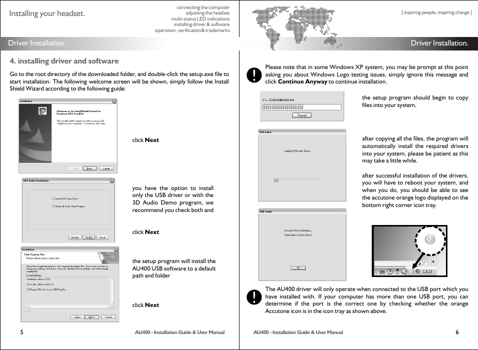 Installing your headset | Accutone AU400 User Manual | Page 4 / 6