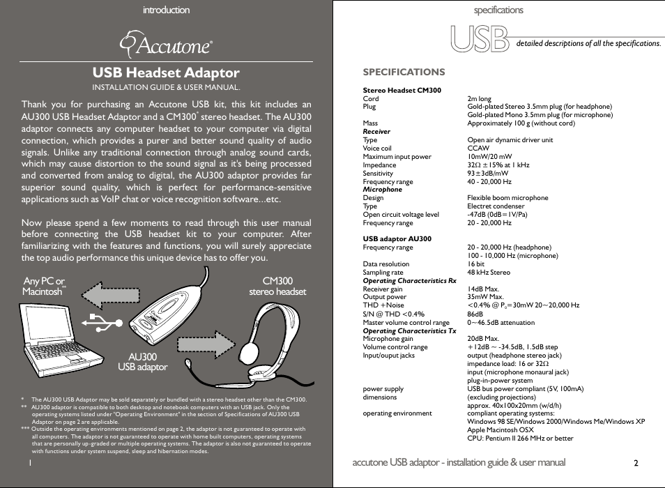 Usb headset adaptor, Cm300 stereo headset any pc or, Macintosh | Specifications introduction | Accutone AU300 User Manual | Page 2 / 8