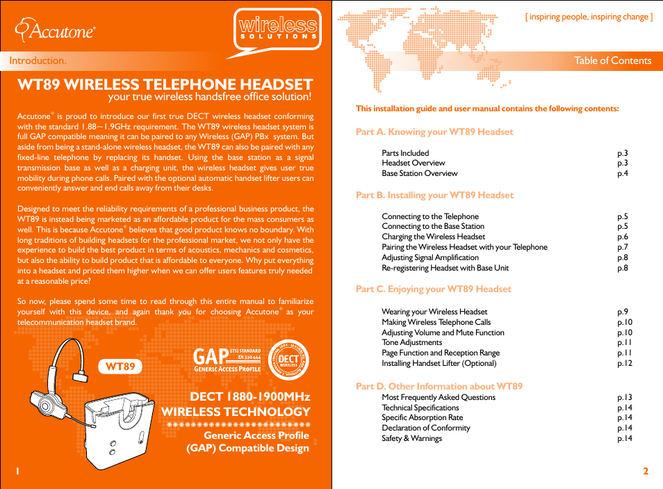 Wt89 wireless telephone headset, Your true wireless handsfree office solution | Accutone WT89 User Manual | Page 2 / 8
