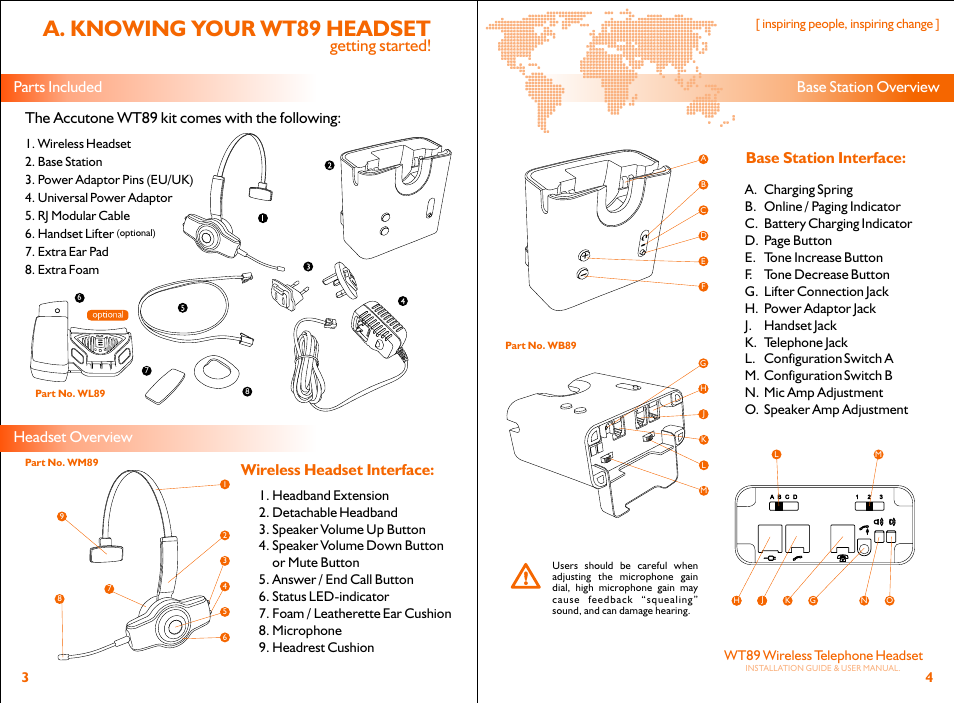 A. knowing your wt89 headset, Getting started, Parts included base station overview | Base station interface, Wt89 wireless telephone headset, A. b. c. d. e. f. g. h. j. k. l. m. n. o | Accutone WT89 User Manual | Page 3 / 8