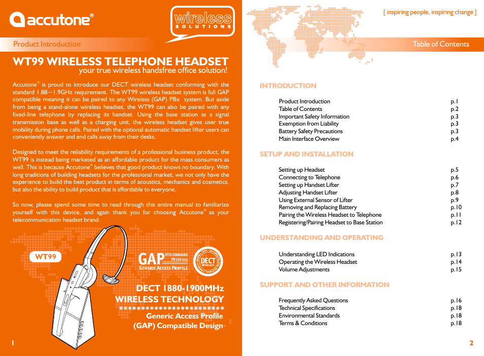 Wt99 wireless telephone headset, Your true wireless handsfree office solution | Accutone WT99 User Manual | Page 2 / 10