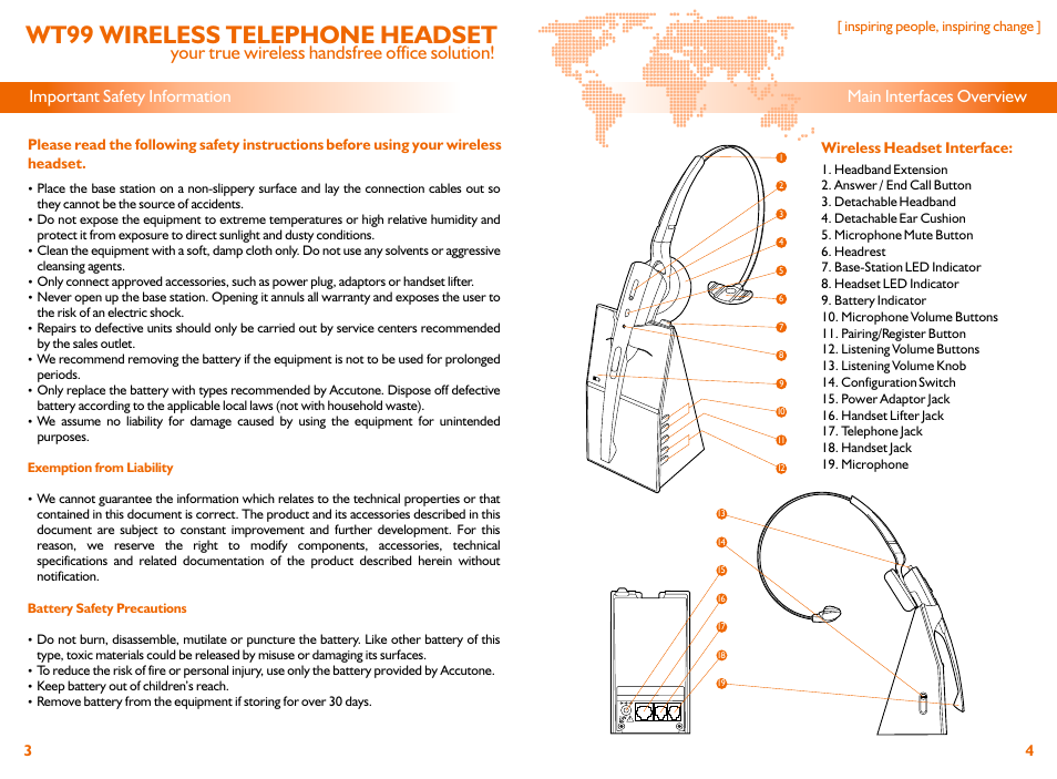 Wt99 wireless telephone headset, Your true wireless handsfree office solution | Accutone WT99 User Manual | Page 3 / 10