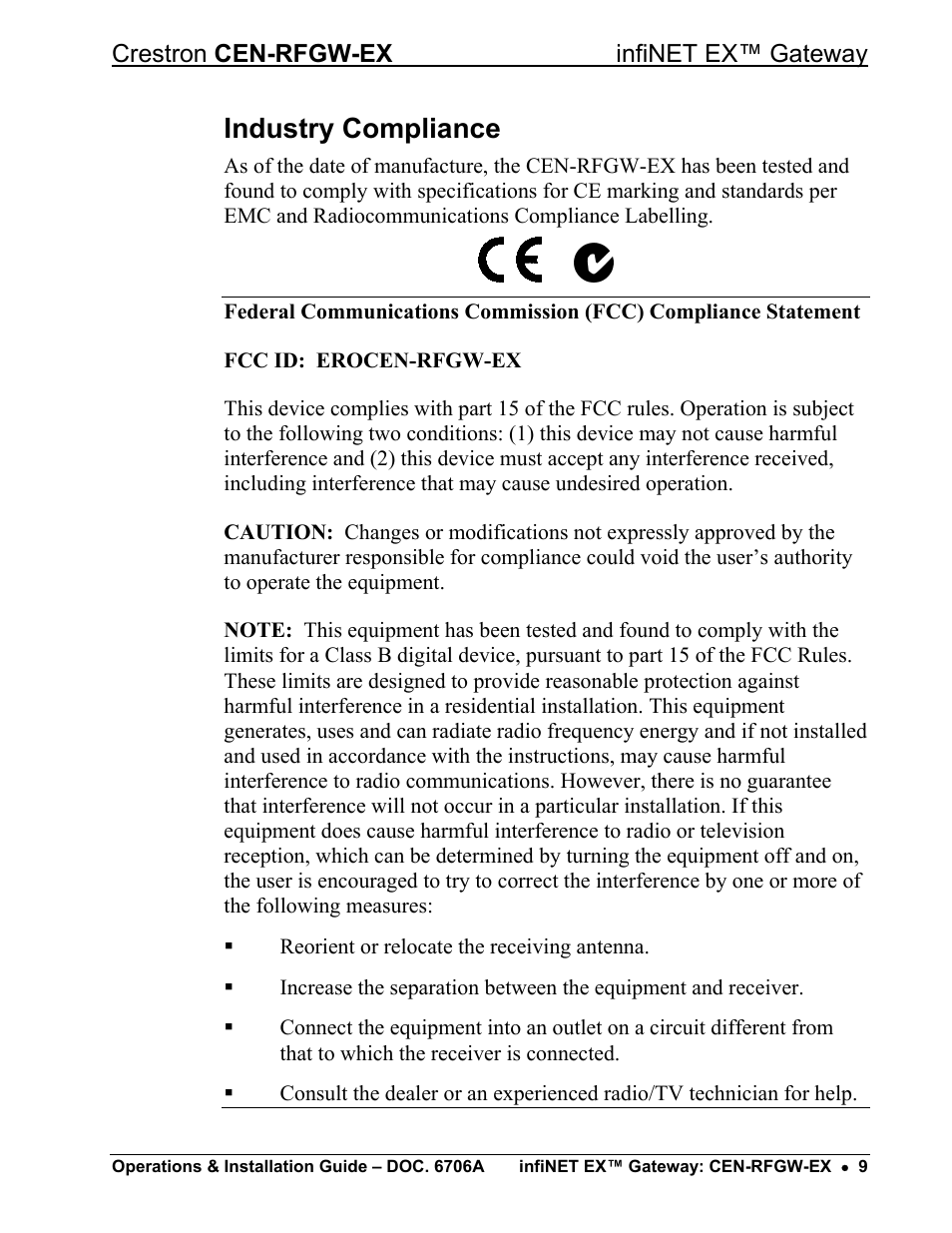 Industry compliance | Crestron electronic infiNET EX CEN-RFGWX-EX User Manual | Page 13 / 40