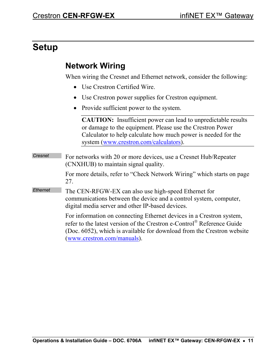 Setup, Network wiring, Crestron cen-rfgw-ex infinet ex™ gateway | Crestron electronic infiNET EX CEN-RFGWX-EX User Manual | Page 15 / 40