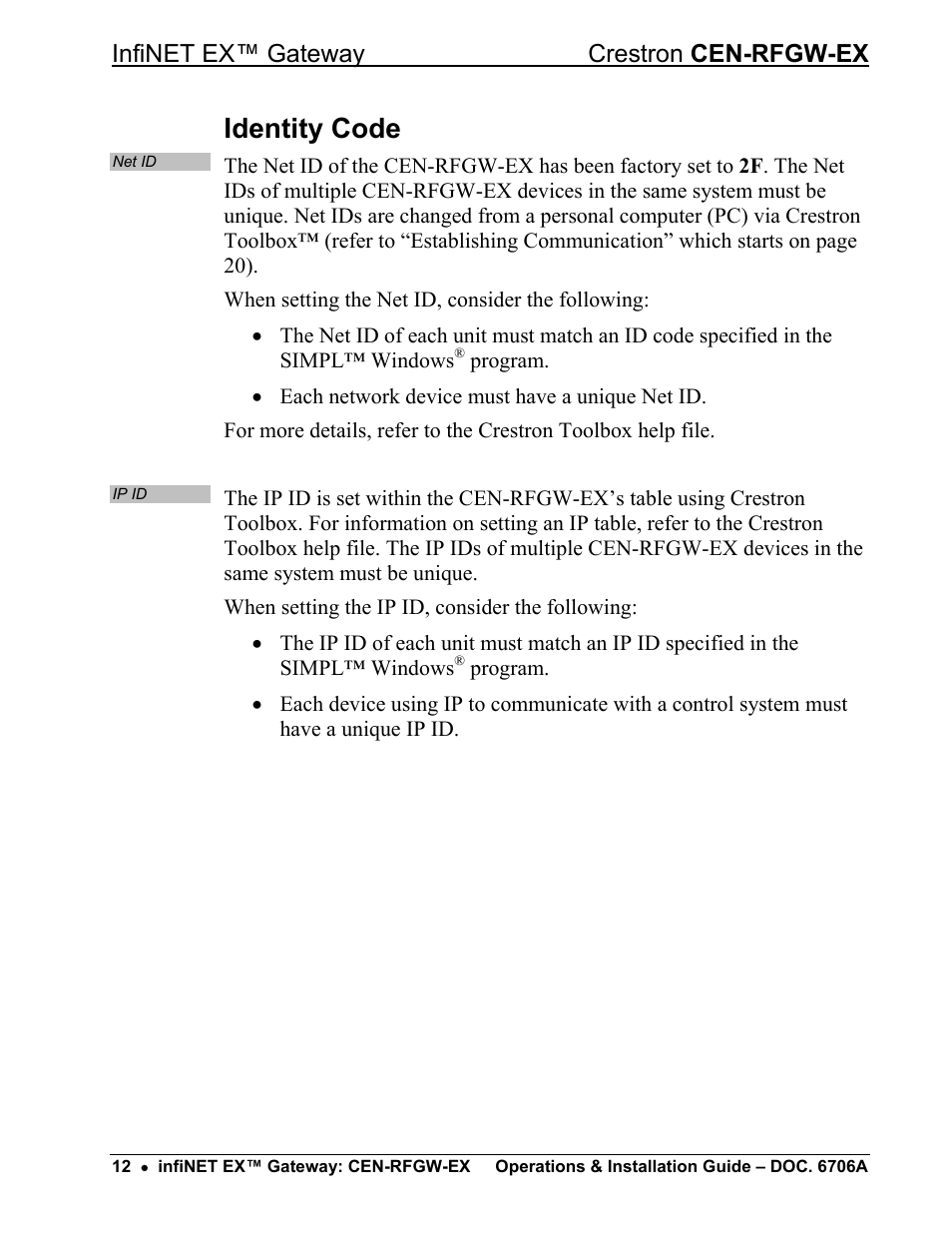 Identity code, Infinet ex™ gateway crestron cen-rfgw-ex | Crestron electronic infiNET EX CEN-RFGWX-EX User Manual | Page 16 / 40