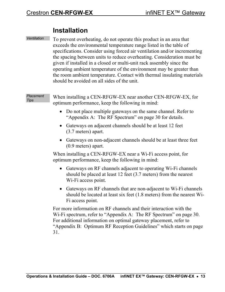 Installation, Crestron cen-rfgw-ex infinet ex™ gateway | Crestron electronic infiNET EX CEN-RFGWX-EX User Manual | Page 17 / 40