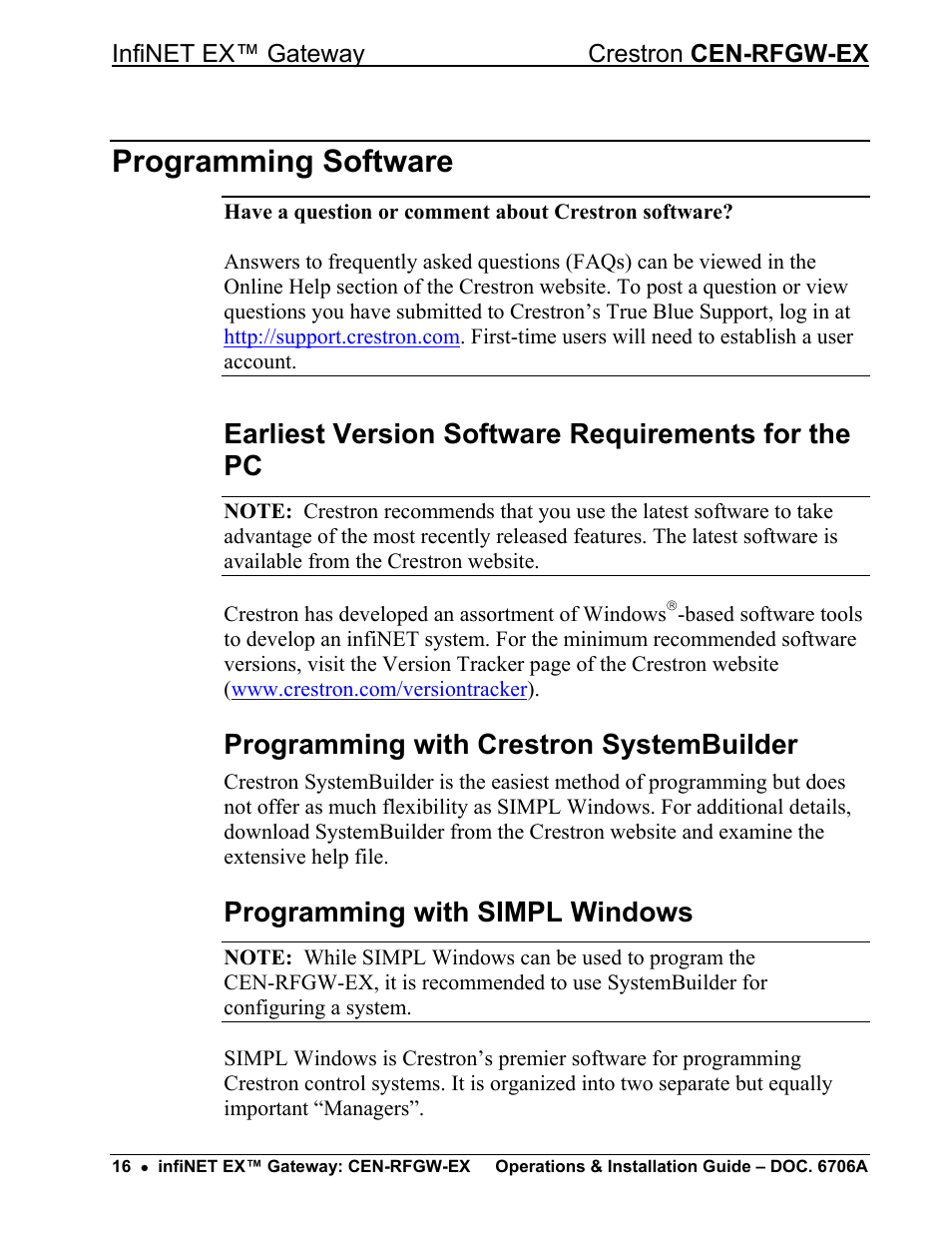 Programming software, Earliest version software requirements for the pc, Programming with crestron systembuilder | Programming with simpl windows | Crestron electronic infiNET EX CEN-RFGWX-EX User Manual | Page 20 / 40