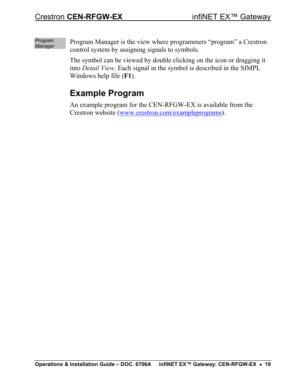 Example program, Crestron cen-rfgw-ex infinet ex™ gateway | Crestron electronic infiNET EX CEN-RFGWX-EX User Manual | Page 23 / 40