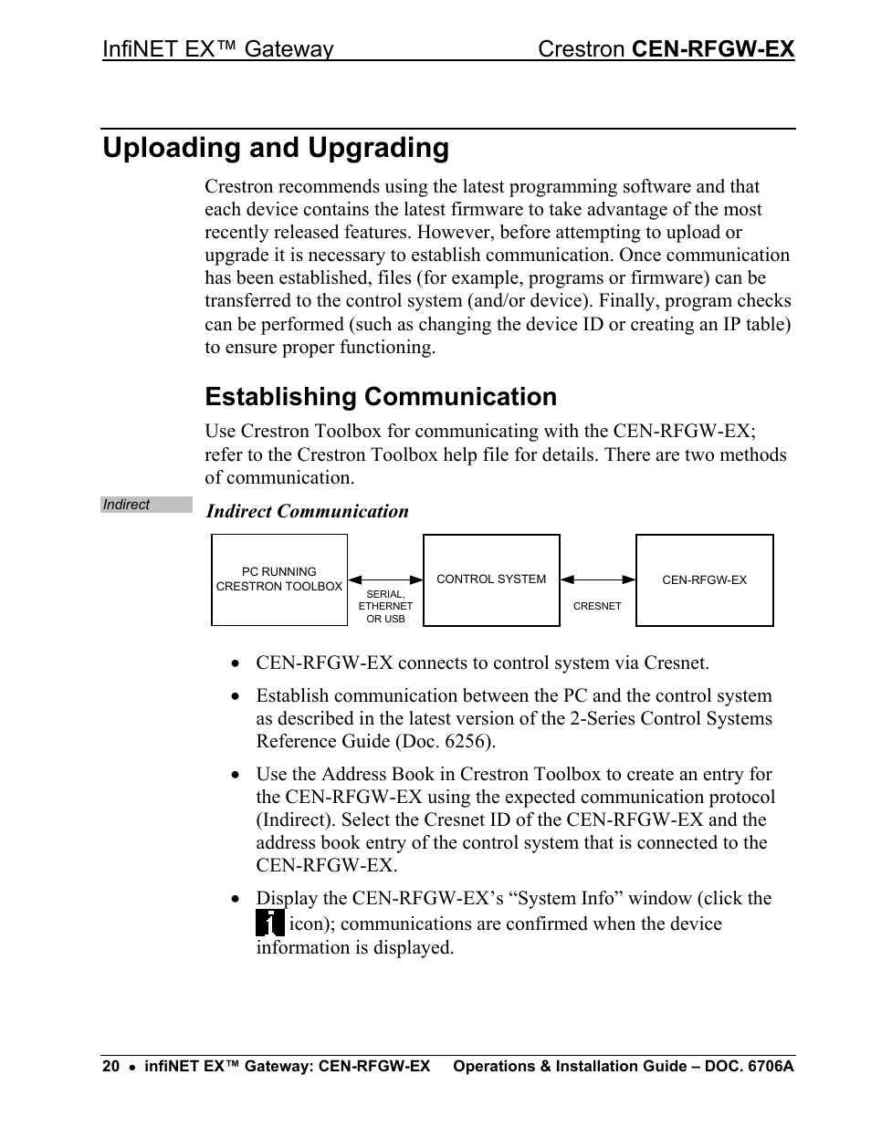 Uploading and upgrading, Establishing communication, Infinet ex™ gateway crestron cen-rfgw-ex | Crestron electronic infiNET EX CEN-RFGWX-EX User Manual | Page 24 / 40