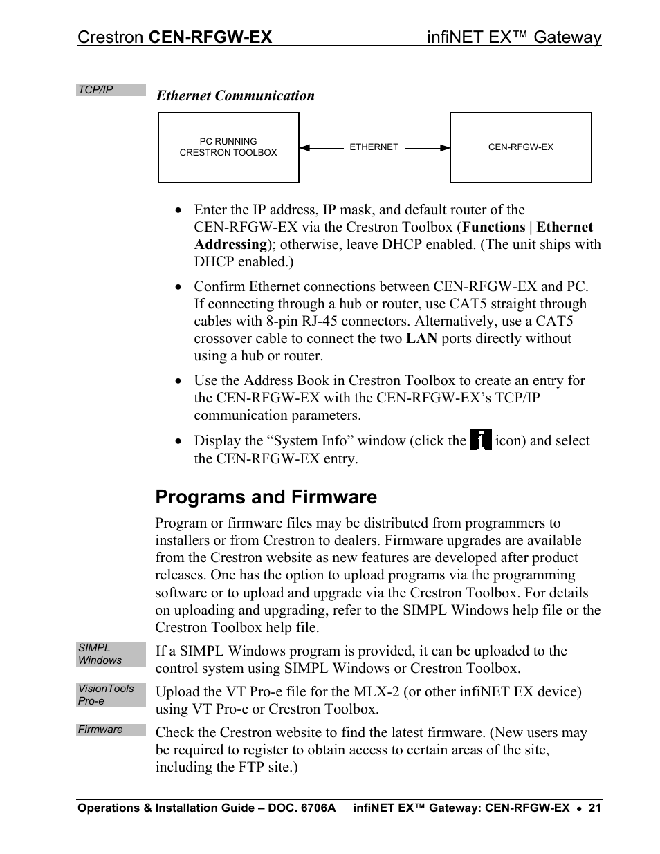 Programs and firmware, Crestron cen-rfgw-ex infinet ex™ gateway | Crestron electronic infiNET EX CEN-RFGWX-EX User Manual | Page 25 / 40