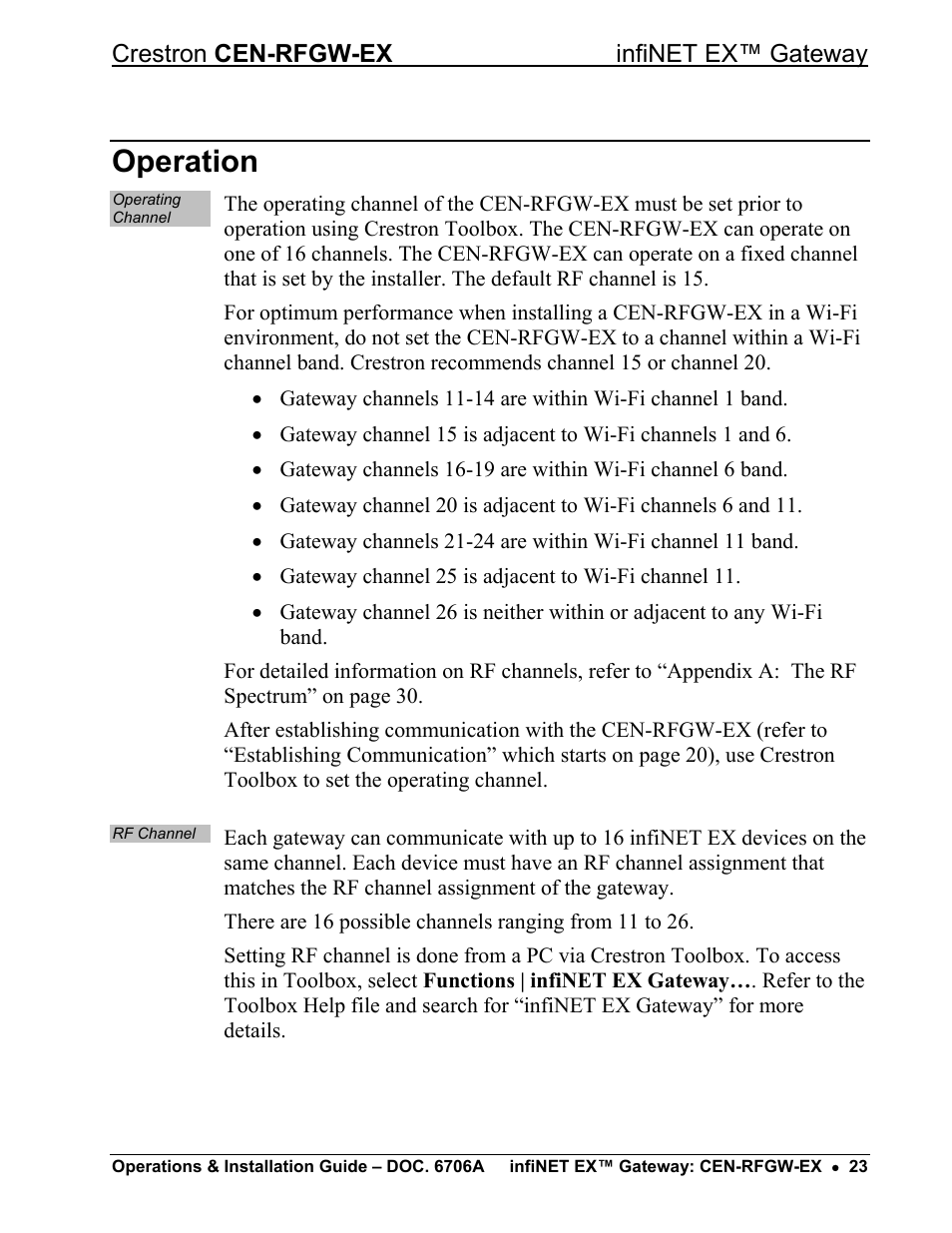 Operation, Crestron cen-rfgw-ex infinet ex™ gateway | Crestron electronic infiNET EX CEN-RFGWX-EX User Manual | Page 27 / 40