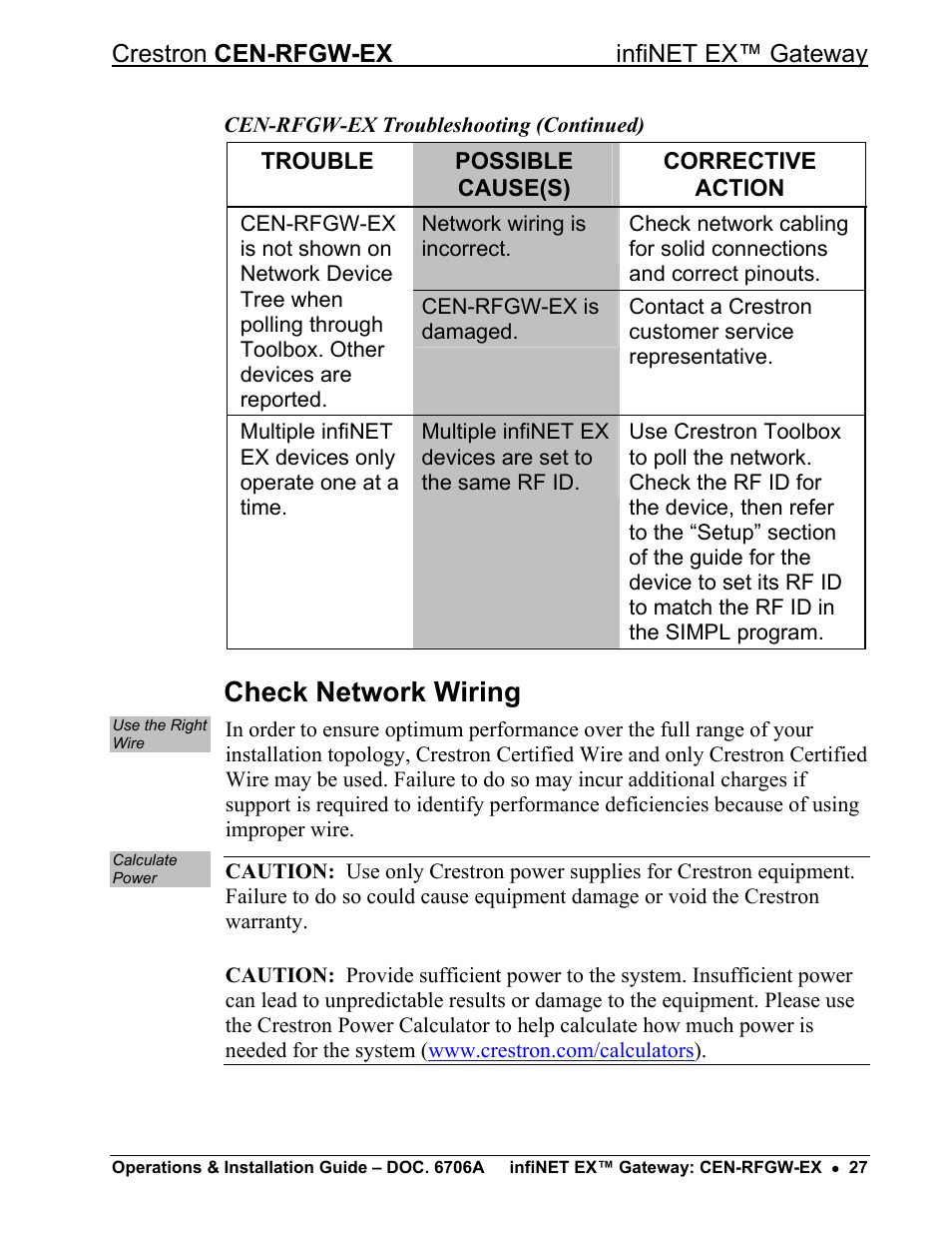 Check network wiring | Crestron electronic infiNET EX CEN-RFGWX-EX User Manual | Page 31 / 40