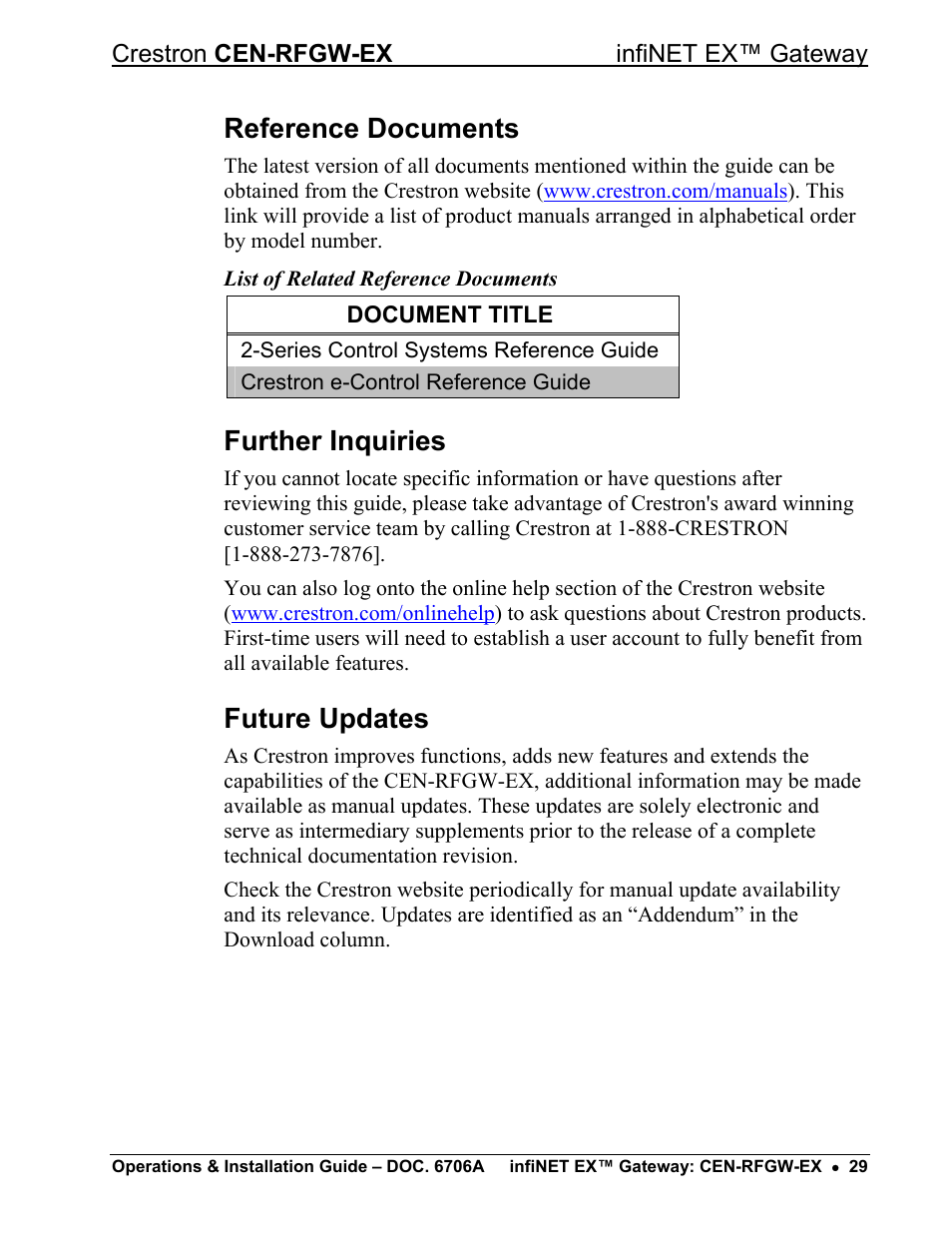 Reference documents, Further inquiries, Future updates | Crestron electronic infiNET EX CEN-RFGWX-EX User Manual | Page 33 / 40