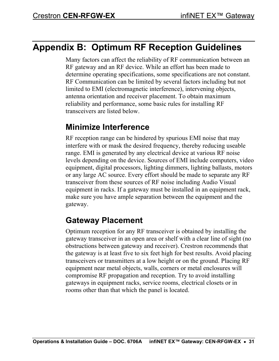 Appendix b: optimum rf reception guidelines, Minimize interference, Gateway placement | Crestron electronic infiNET EX CEN-RFGWX-EX User Manual | Page 35 / 40