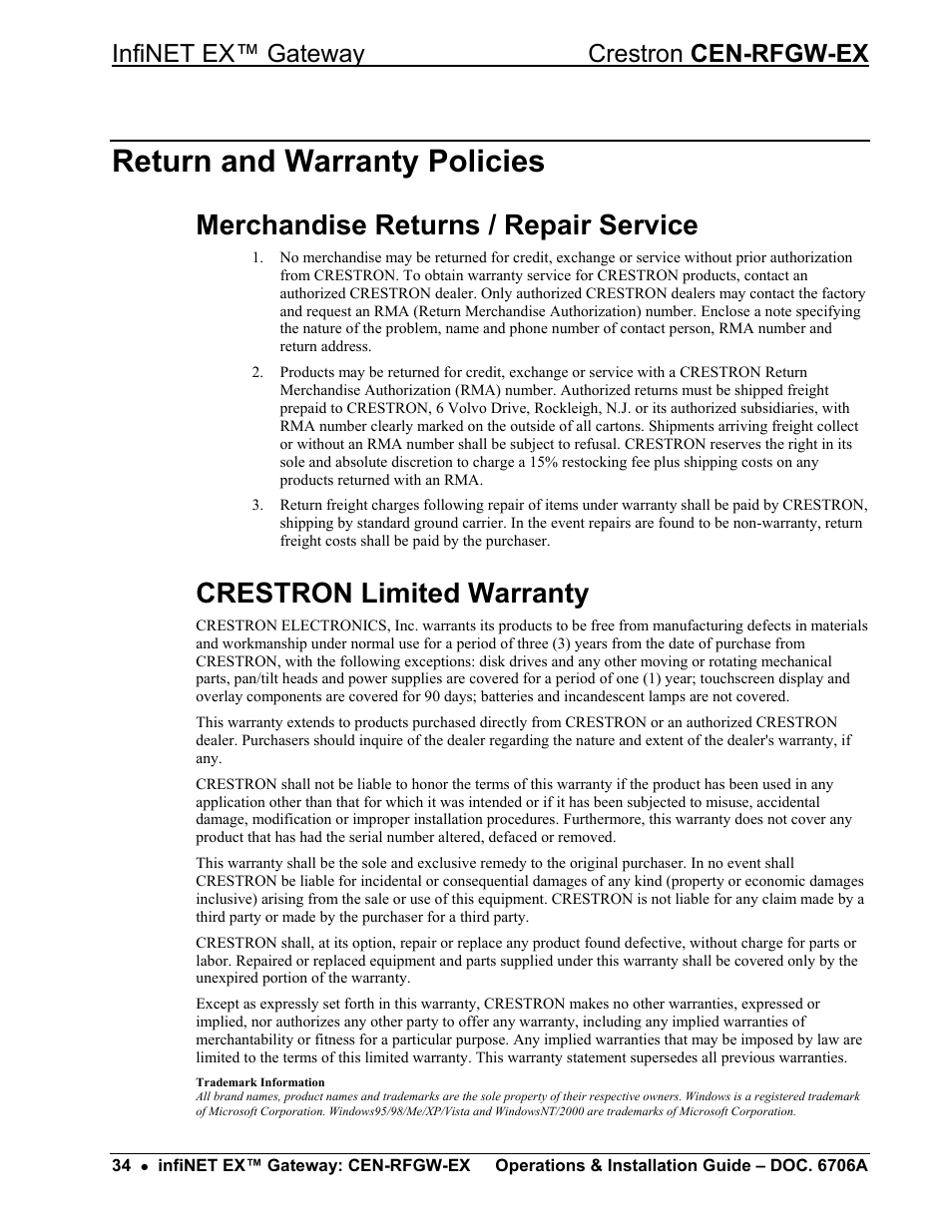 Return and warranty policies, Merchandise returns / repair service, Crestron limited warranty | Infinet ex™ gateway crestron cen-rfgw-ex | Crestron electronic infiNET EX CEN-RFGWX-EX User Manual | Page 38 / 40