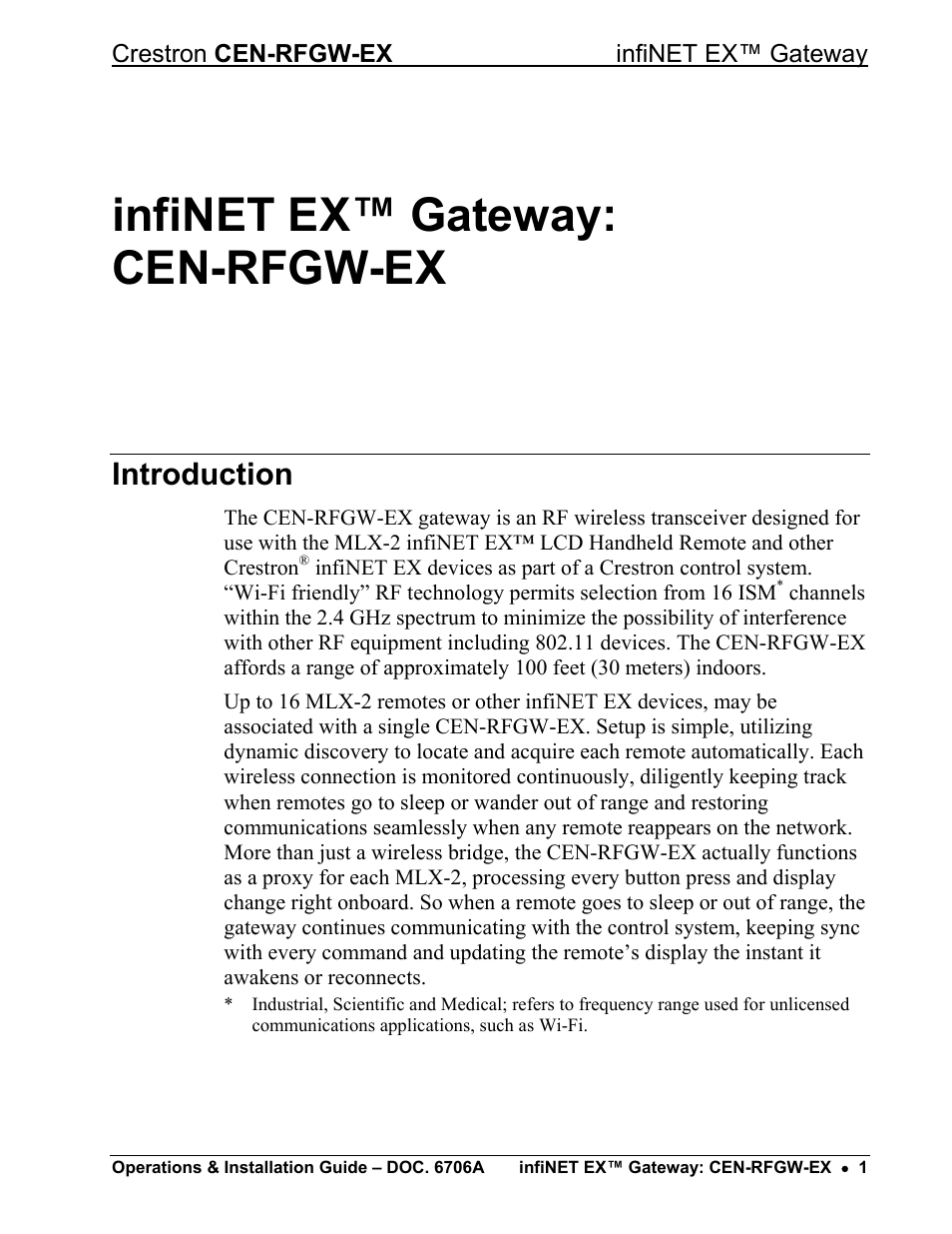 Infinet ex™ gateway: cen-rfgw-ex, Introduction | Crestron electronic infiNET EX CEN-RFGWX-EX User Manual | Page 5 / 40