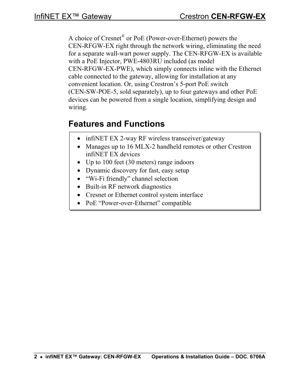 Features and functions | Crestron electronic infiNET EX CEN-RFGWX-EX User Manual | Page 6 / 40