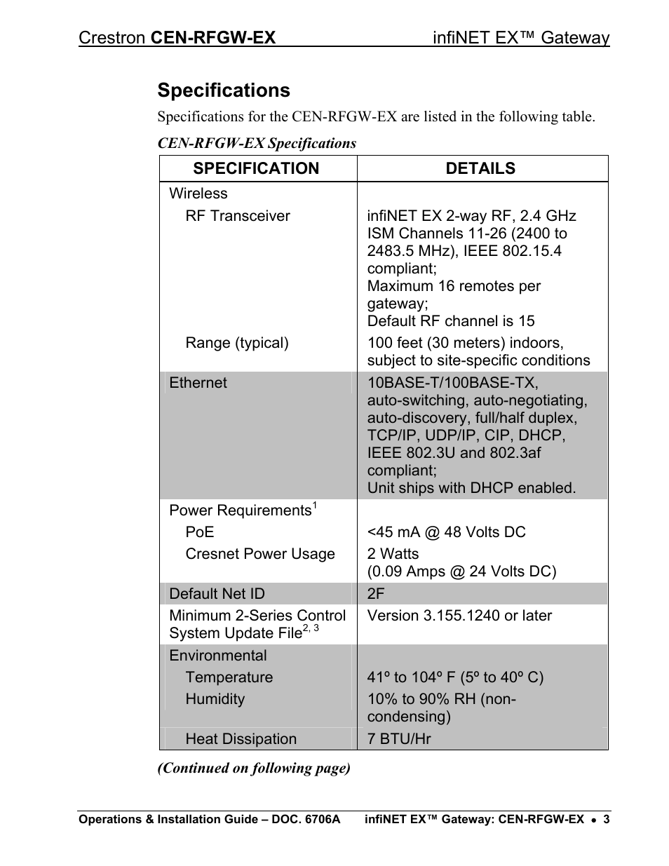 Specifications | Crestron electronic infiNET EX CEN-RFGWX-EX User Manual | Page 7 / 40