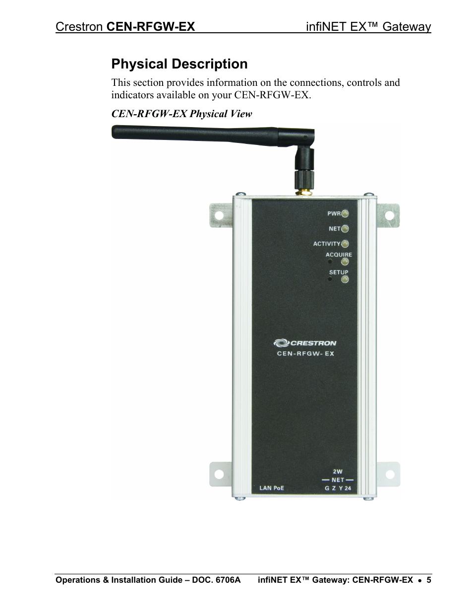 Physical description, Crestron cen-rfgw-ex infinet ex™ gateway | Crestron electronic infiNET EX CEN-RFGWX-EX User Manual | Page 9 / 40