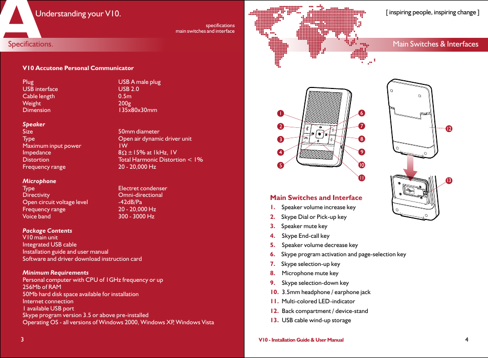 Specifications main switches & interface | Accutone V10 User Manual | Page 3 / 10