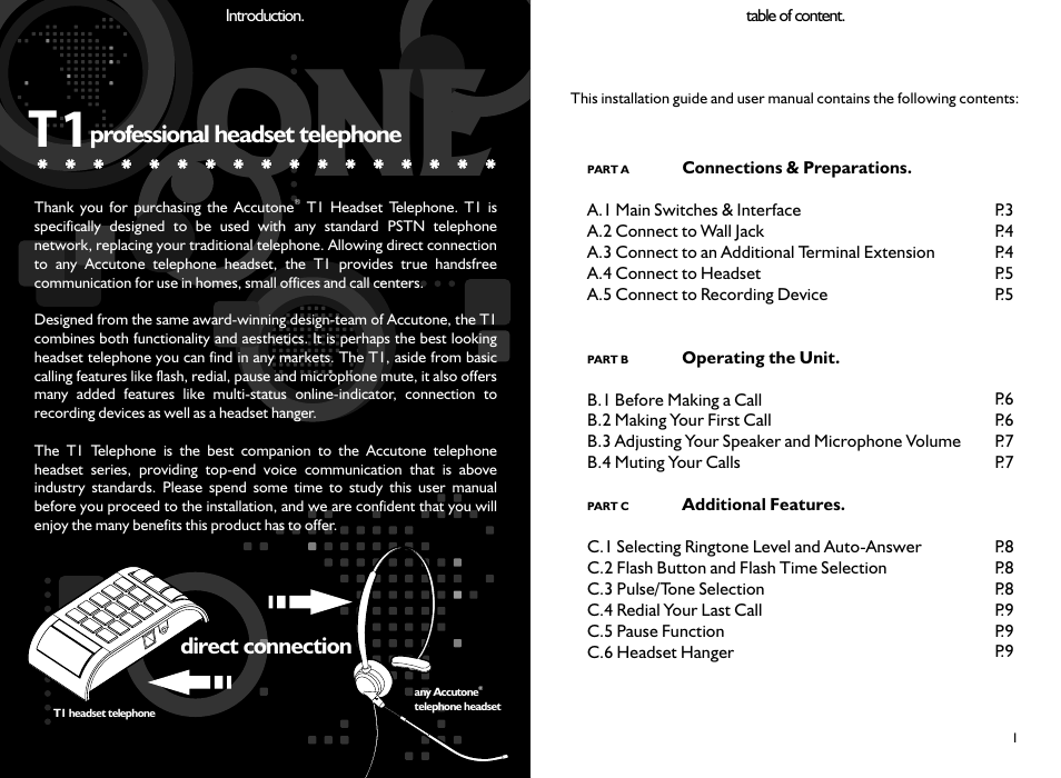 Professional headset telephone | Accutone T1 User Manual | Page 2 / 6