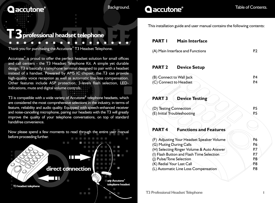 Three, Professional headset telephone, Direct connection | Accutone T3 User Manual | Page 2 / 6